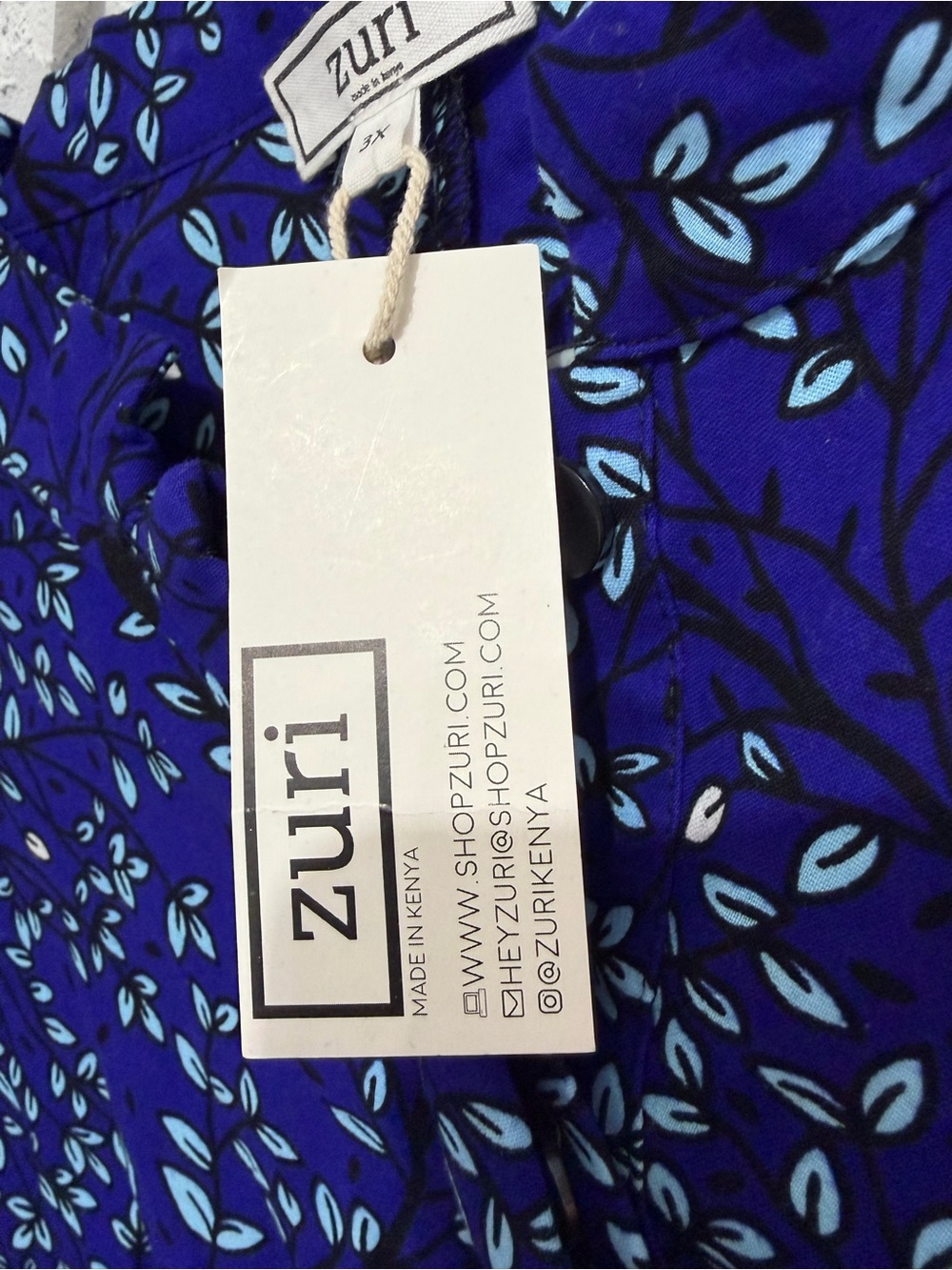 NWT Zuri Ultramarine Leaf Print Shirt Dress Handmade Kenya 100% Cotton Size 3X - Picture 6 of 8